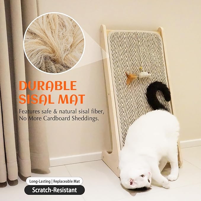 PETKARAY Cat Scratcher, Sisal Cat Scratching Ramp, L Shape Scratch Board for Indoor Kitty, 27" Wall Furniture Protector with Mouse Toy, Chevron