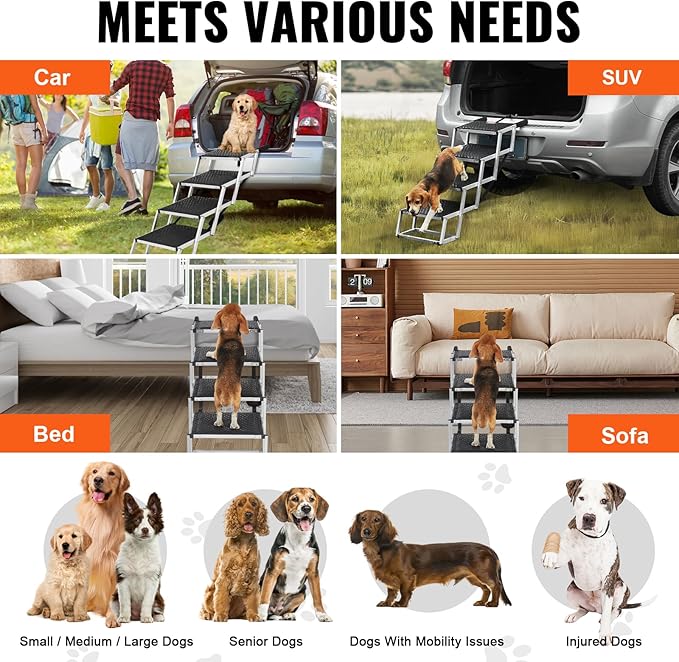 VEVOR Dog Stair for Cars, Wide 4-Step Dog Car Steps, Folding Dog Car Ramp with Nonslip Surface, Portable Pet Steps Lightweight Aluminum for Car, SUV and Truck, Supports up to 250 lbs