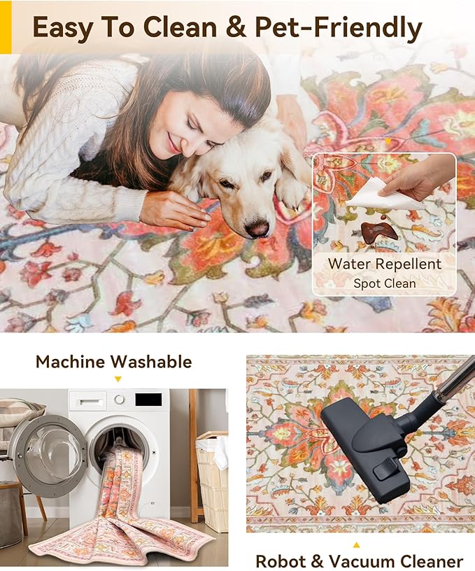 Area Rugs 3'x5' Washable Non-Slip, Floral Vintage Distress Print Pattern Medallion Carpet for Living Room Bedroom Dining Room, Light Pink Colorful