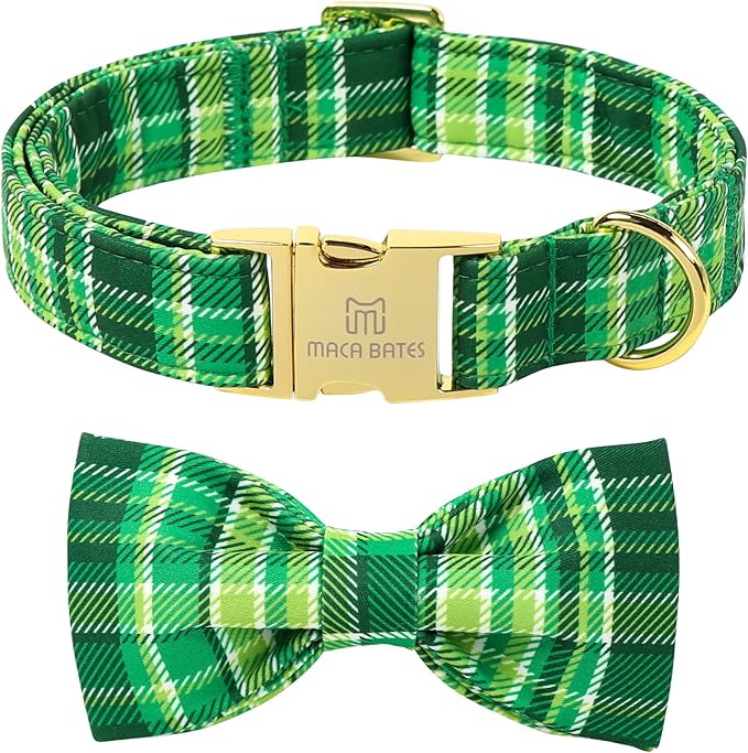 Maca Bates St. Patrick's Day Irish Plaid Dog Collar with Fancy Bow Tie,Shamrock Green Gingham Pattern for Large Girl Boy Dogs,Adjustable Durable Soft Collars Gift for Male Female Puppy