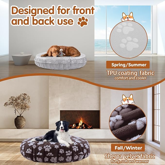BALAPET Washable Dog Bed Covers Replacement Round Waterproof Bed Cover for Dog Soft Pet Bed Cover with Lovely Dog Paw Print and Double-Sided Usable Design,Cover Only(Brown,30 * 30 * 10in)