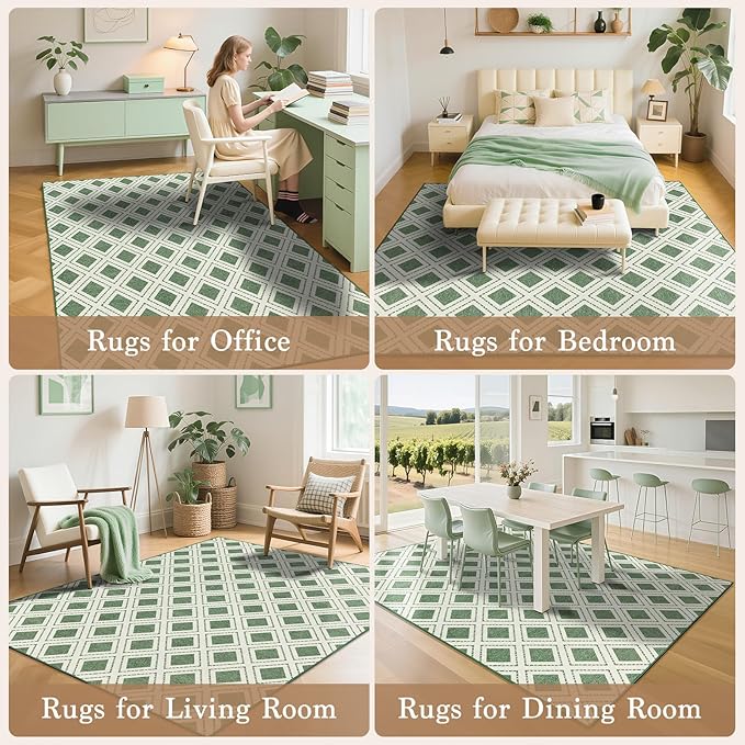LBRO2M Checkered Rug 5X7 Washable Rugs for Living Room Bedroom Non Slip Rugs Easy Clean, Soft Low Piles Stain Resistant Carpet Geometric Area Rug Great for Pets and Family (5'X7' Green)
