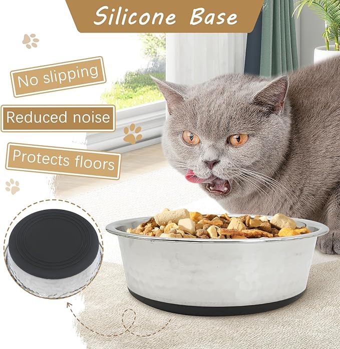 kathson 3PCS Stainless Steel Dog Bowls with Rubber Bottom,Non Slip Cat Bowls Hammered Metal Pet Food and Water Dishes for Kitten Puppy and Small Sized Animals,Dishwasher Safe (5.5in)