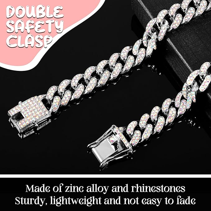 LEIFIDE Dog Chain Collar Diamond Link Puppy Collar 12 mm Wide Dog Necklace Metal Cat Chain Pet Crystal Necklace Jewelry Accessories for Small Medium Large Pet(8 Inch,Silver, AB Color)