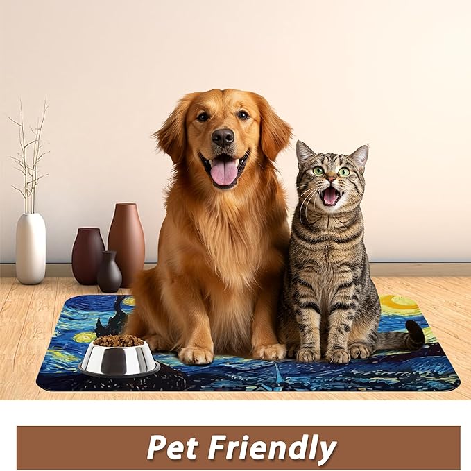 Starry Night Dog Cat Food Mat,Absorbent Pet Feeding Mat for Food and Water,Non-Slip Dog Bowl Mats Floor Protector 12"x20"