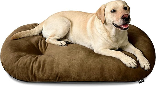 Washable Large Dog Bed for Medium & Large Breeds, Non-Slip Bottom & Plush Faux Silver Fox Fur Oval Cushion Pad for Big Dogs, Soft Mat for Crates, Brown, 41x27 Inch
