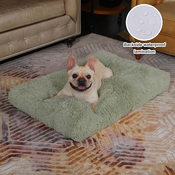 Bedfolks Waterproof Crate Bed, Plush Pad With Removable Cover, Faux Fur for Medium Dogs, Fluffy Washable Kennel 29"x21", Sage Green