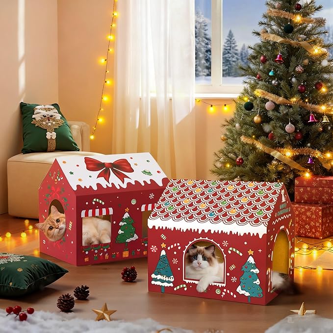 WESTERN HOME Christmas Cardboard Cat House, Indoor Cat Scratcher House (16.5''x12''x15''), Christmas Cats Cardboard Playhouse Hideaway for Small Animals