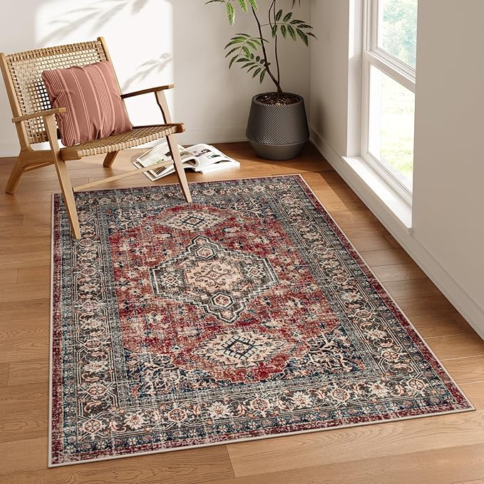 Lahome Oriental Washable Rugs for Bedroom, 4X6 Soft Living Room Rug Ultra-Thin Non-Slip Stain Resistant Vintage Low-Pile Throw Carpet for ?랳ffice Entryway, Brick Red