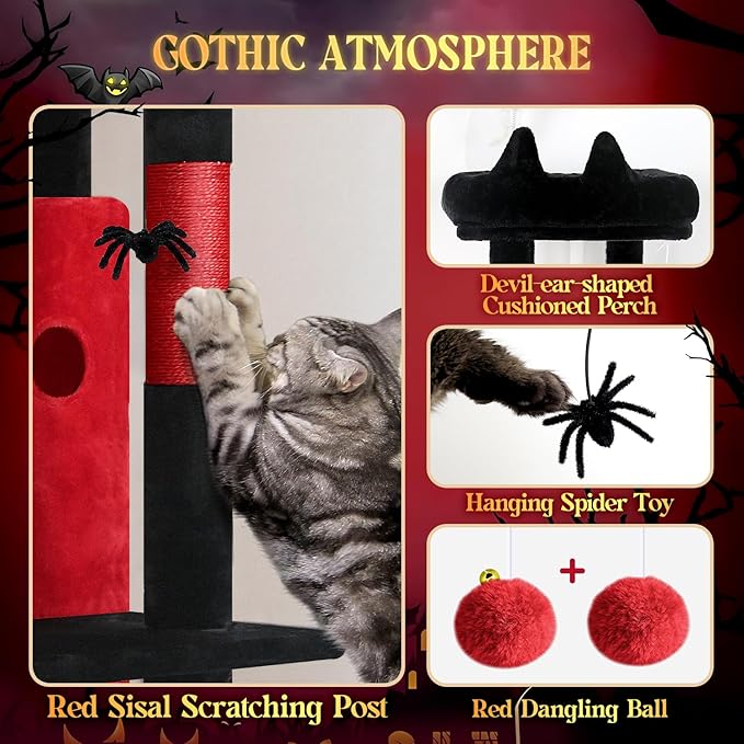 Globlazer Gothic Cat Tree Tower for Indoor Cats, 50-inch Goth Adult Cat Tree House for Large Adult Cats with Steps, Scratching Post, 2 Cat Caves, Dangling Toys, FC50, Blood-Goth