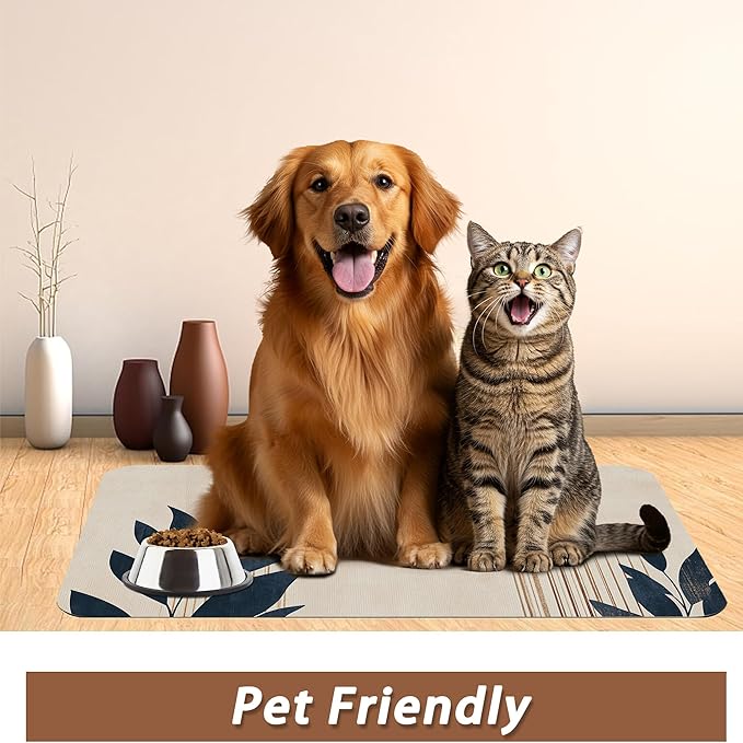 Sun Boho Leaf Dog Cat Food Mat,Absorbent Pet Feeding Mat for Food and Water,Non-Slip Dog Bowl Mats Floor Protector 12"x20"