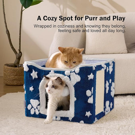 Cat Houses for Indoor Cats, Cute Cat Cave with Fluffy Ball Hanging and Scratch Pad, Foldable Kitten Condo Hideaway, 17x17x13 inches, Navy Paw