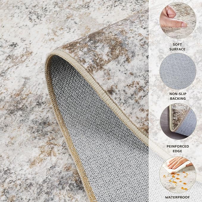 8ft Round Area Rug Living Room Rugs - 8x8 Washable Neutral Modern Abstract Soft Thin Rug Indoor Floor No Slip Rug Carpet for Bedroom Under Dining Table Home Office Decor - Brown Grey