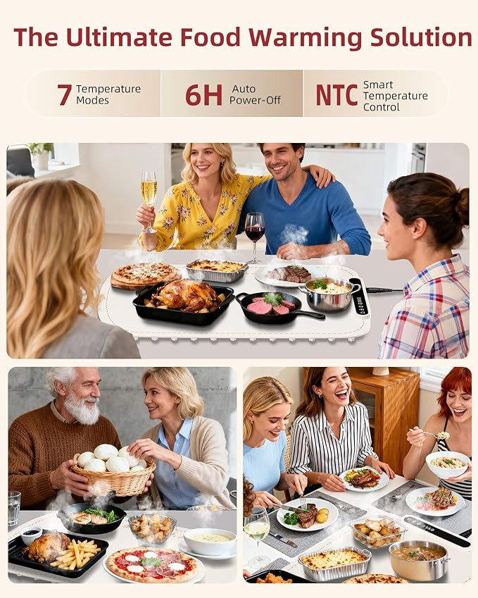 Warming Mat for Food, Upgraded Fast-Heating Electric Warming Tray with 7 Temp Levels & 8 Timers, Buffet Raised Feet & Rollable Silicone Heat Pad, Portable Food Warmer for Home, Party & Travel (Beige)