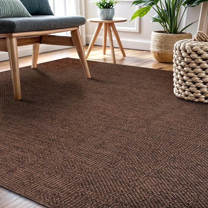 CAMILSON Easy Jute Rug 8x10, Indoor Outdoor Brown Color Fiber Area Rugs for Living Room Patio and Kitchen Rug, Solid Boho Woven Design, Easy-Cleaning, Washable Outside Carpet Alfombras (8 x 10)