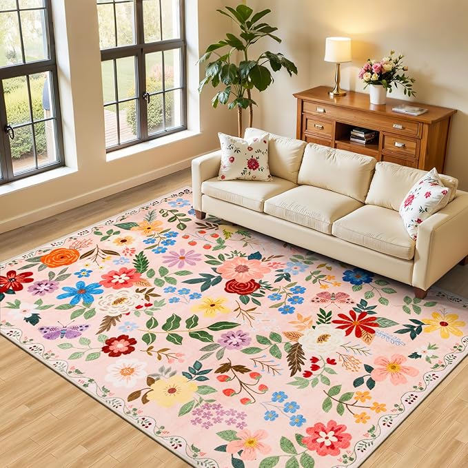 Area Rug Living Room Rugs: Floral 4x6 Washable Rug Vintage Soft Boho Non-Slip Carpet Indoor Floor Stain Resistant Large Carpets for Bedroom Dining Room Farmhouse Nursery Hallway Home Office Beige