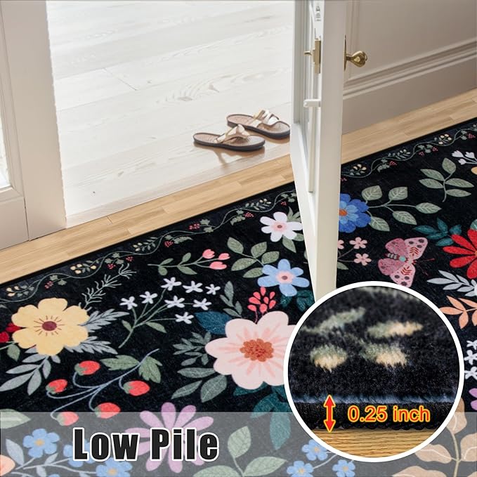 Runner Rug for Entryway: 2.6x8 Kitchen Rugs Non Slip Washable Ultra-Thin Soft Floral Carpet Indoor Floor Stain Resistant Carpets for Hallway Bedroom Kitchen Laundry Bathroom Dorm Black
