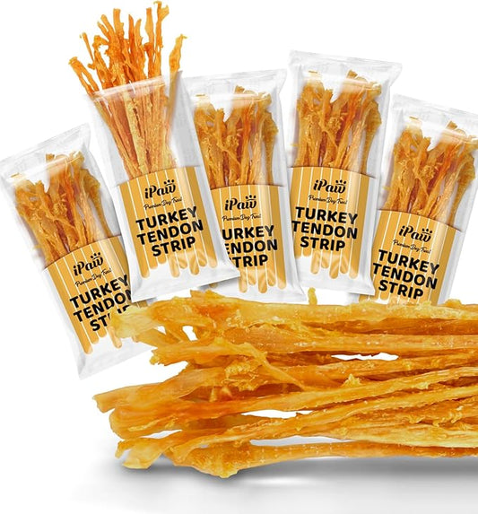 iPaw 5 Packs Value Combo Turkey Tendons for Dogs, 100% Turkey and US Sourced Raw Material, Hypoallergenic, All Natural Human Grade Puppy Chew, Rawhide Alternative Dog Treats, Strip (Large)