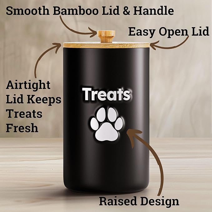 Dog Treat Container Airtight - 5 Inch Wide x 9 Inch Tall Ceramic Dog Treat Jar for Kitchen Counter with Airtight Bamboo Lid - 7 Cup Capacity Pet Treat Container - Doggie Cookie Jar - Treats Canister