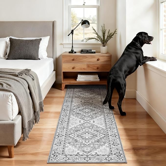 Lofus 2x6 Hallway Washable Runner Rug, Vintage Kitchen Runners Non Slip, Entryway Rugs for Bathroom Bedroom Living Room Laundry Room Floor Mat, Boho Entry Long Carpet, Floral Grey
