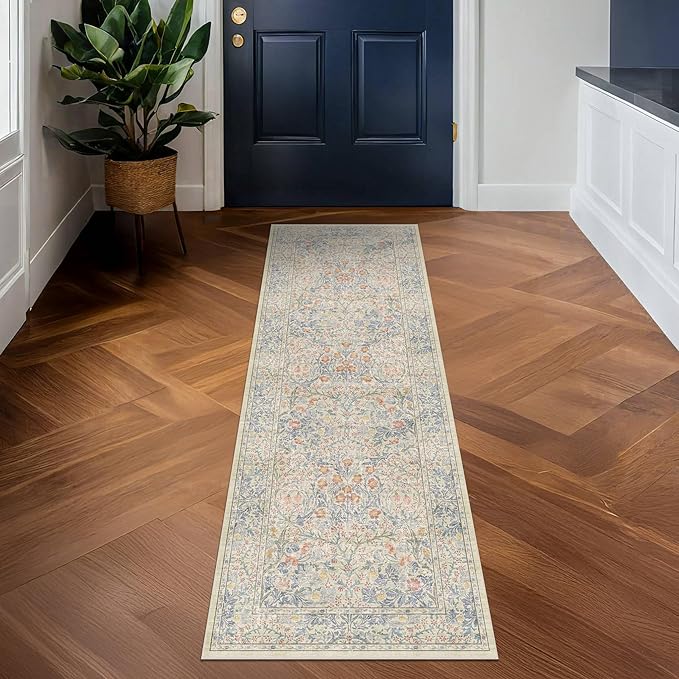 Non Slip Beige Blue Hallway Runner Rug - Long Runner Rugs 2x7 Washable Kitchen Floor Mat, Laundry Room Rug, Bathroom Runner - Vintage Design Décor