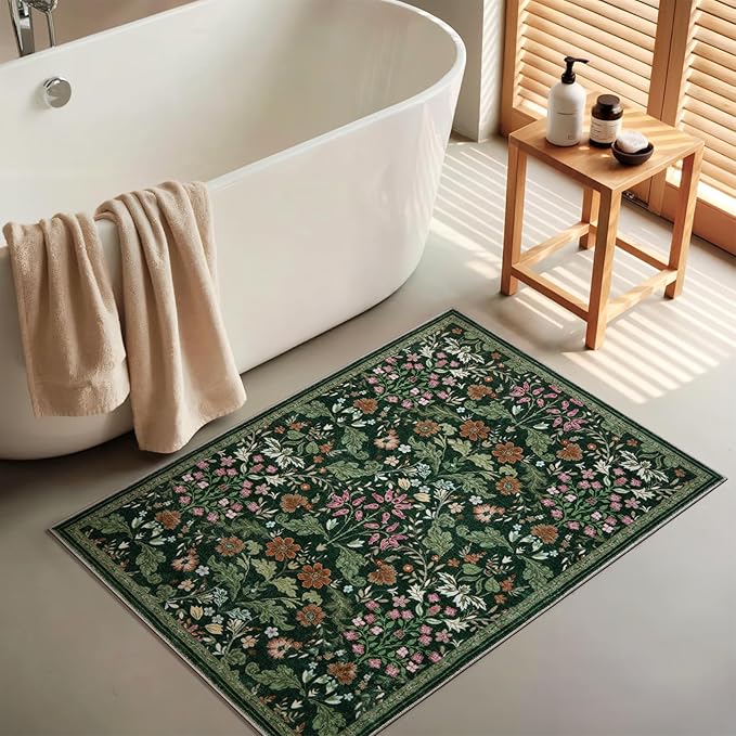 Floral Entryway Washable Rug: 2x3 Soft Low Pile Thin Indoor Front Door Mat, Non Slip Stain Resistant Vintage Flower Boho Accent Small Rugs for Bedroom, Kitchen, Bathroom, Nursery Entrance - Green