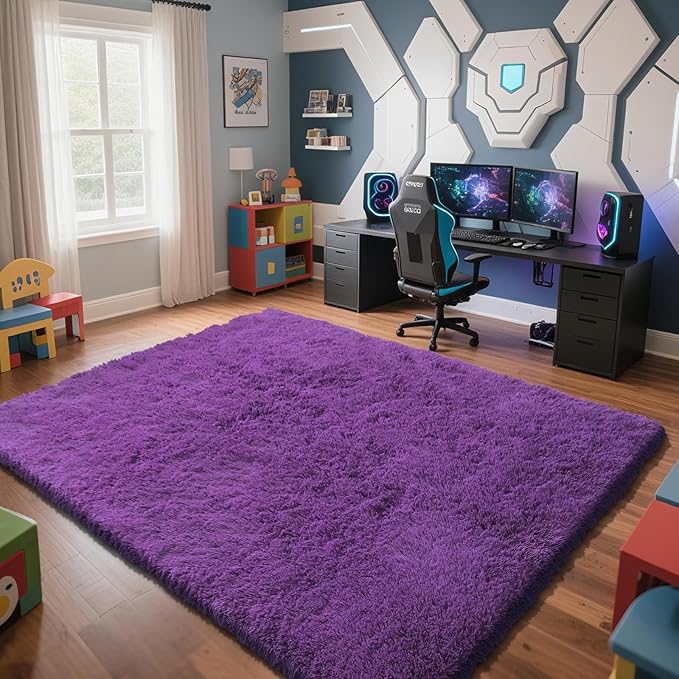 Purple Fluffy Rug Shaggy Area Rug, 9x12 Area Rugs for Girls Bedroom, Big Soft Shaggy Bedside Non-Slip Plush Dorm Nursery Kids Carpet Home Decor Aesthetic