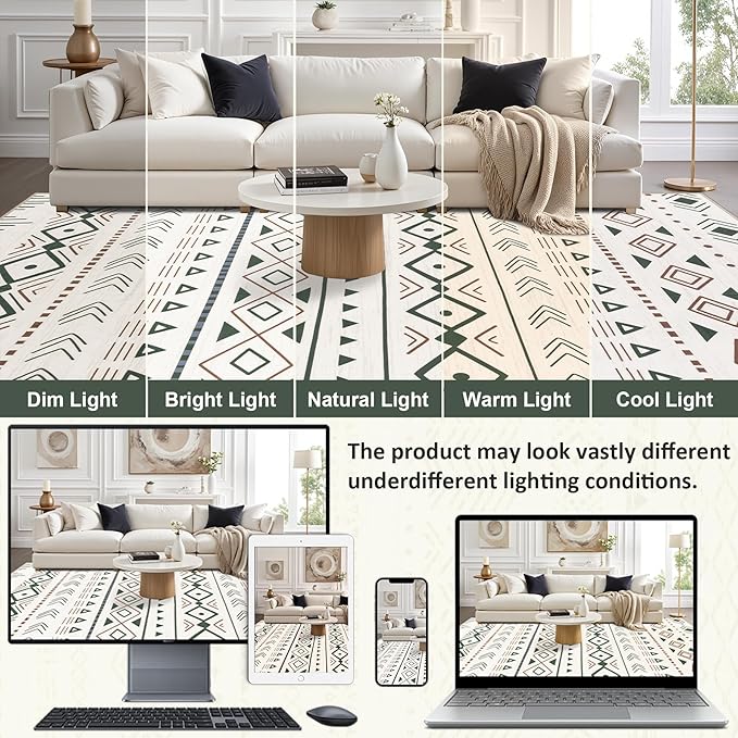 10x14 Area Rugs Living Room Rug: Washable Rug Neutral Lagre Soft Thin Carpet Indoor Floor Non Slip Boho Geometric Moroccan Carpets for Bedroom Dining Room Farmhouse Nursery Office - Brown Green