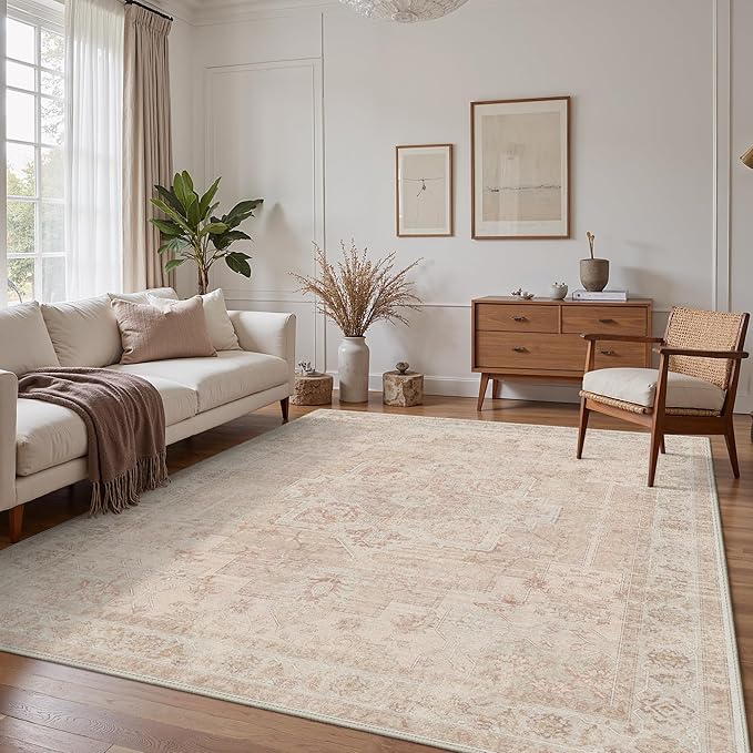 GENIMO 8x10 Area Rugs for Living Room, Machine Washable Non Slip Vintage Rugs, Low Pile Lightweight Chenille Print Rug for Bedroom, Dining Room, Home Office, Light Pink