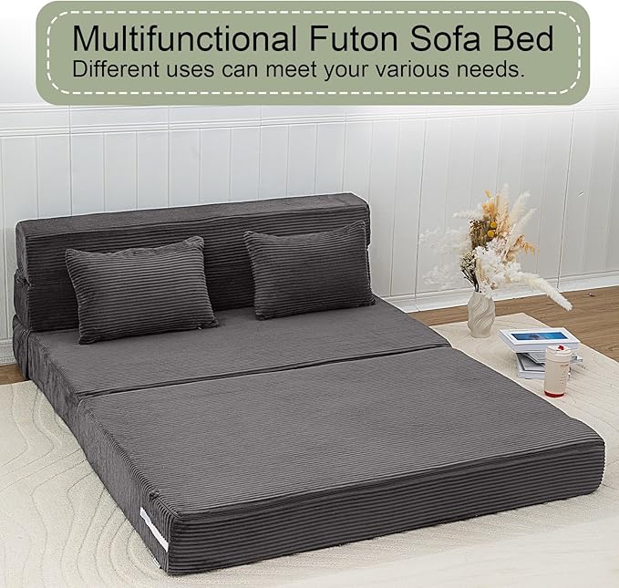 MeMoreCool Boneless Folding Sofa Bed Full Size – Corduroy Convertible Futon Couch with Foam Core & Pillow, 1500 lb Capacity Floor Sleeper, Washable Cover for Living Room, Bedroom, Guest Space