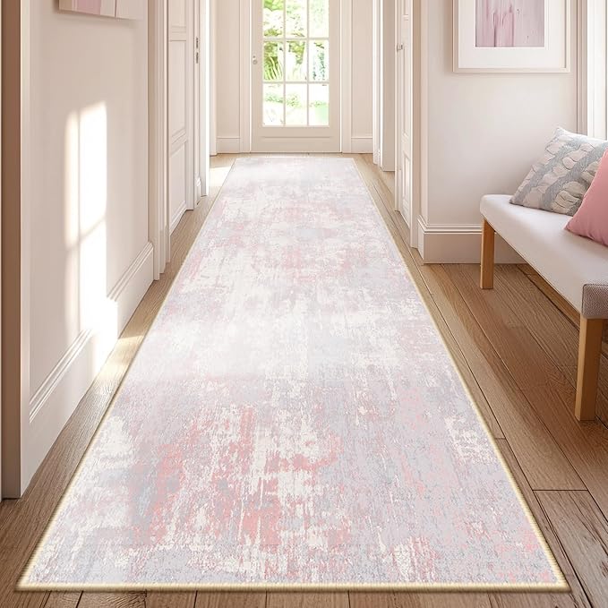 Washable Area Rugs 2'x8' Non-Slip Modern Abstract Soft for Living Room Entryway Bedroom Nursery, Print Pattern, Grey Pink