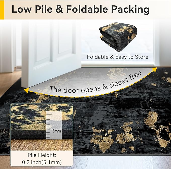 Washable Area Rugs 3x8 Non-Slip Modern Abstract Soft for Living Room Entryway Bedroom Nursery, Print Pattern, Dark Black Gold