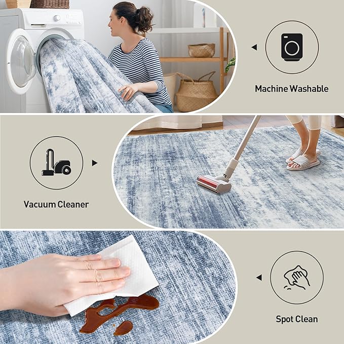 10x14 Area Rugs Washable Rug: Modern Abstract Living Room Rug Soft Anti-Skid Thin Carpet Indoor Floor Non-Shedding Carpets for Bedroom Dining Room Farmhouse Nursery Home Office Blue White