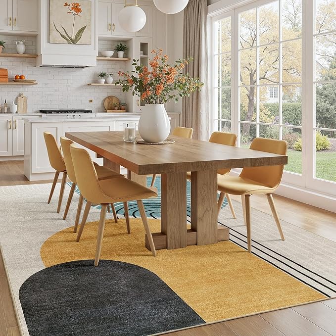DCX Machine Washable Area Rug 9x12, Mid Century Modern Non Slip Stain Resistant Rug 9x12 for Living Room, Playroom, Dining Room, Soft Low Pile Large Carpet, Blue & Yellow