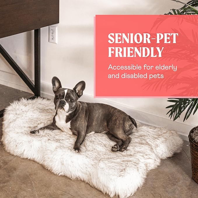 PAW Brands PupRug Orthopedic Dog Bed for Large Dogs with Fluffy Soft Faux Fur and Memory Foam for Joint Pain Relief, Machine Washable and Waterproof Couch Bed, White with Brown Accents, Medium