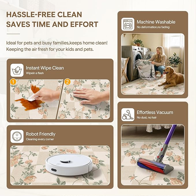 HUGEAR 2x8 Runner Checkered Rugs for Hallways Machine Washable Beige Long Carpet Floral Print Non-Slip Stain Resistant Low Pile Indoor Throw for Entrance Kitchen Bedroom Dining Laundry