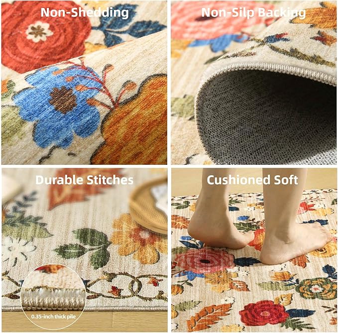 Washable Small Entryway Area Rugs: 2'x3' Floral Rug Non Slip Door Mat Indoor Entrance Stain Resistance Low Pile Throw Rugs for Inside Front Door Floor Bedroom Bedside Kitchen Nursery Dorm Home Entry