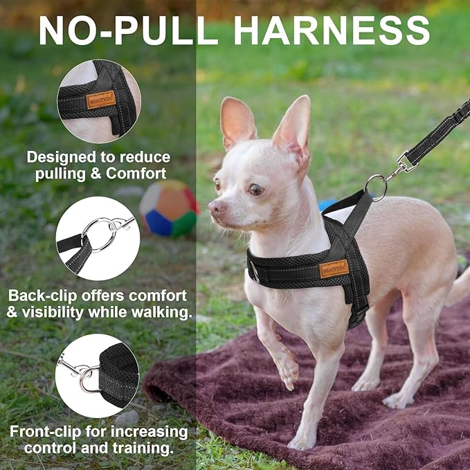 BEAUTYZOO Dog Harness for Small Dogs, No Pull Dog Harness and Leash Set, Soft Escape Proof Puppy Vest Harness with Handle, Reflective Lightweight Step in Harness for Girl Boy Dogs, Black S