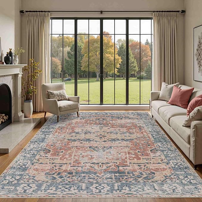 6x9 Area Rugs for Living Room Bedroom, Large Washable Rug, Coral Vintage Floral Boho Style, Non Slip & Low Pile Carpet for Indoor Dining Room, Dorm and Kids Room(Coral Blue 6x9ft)