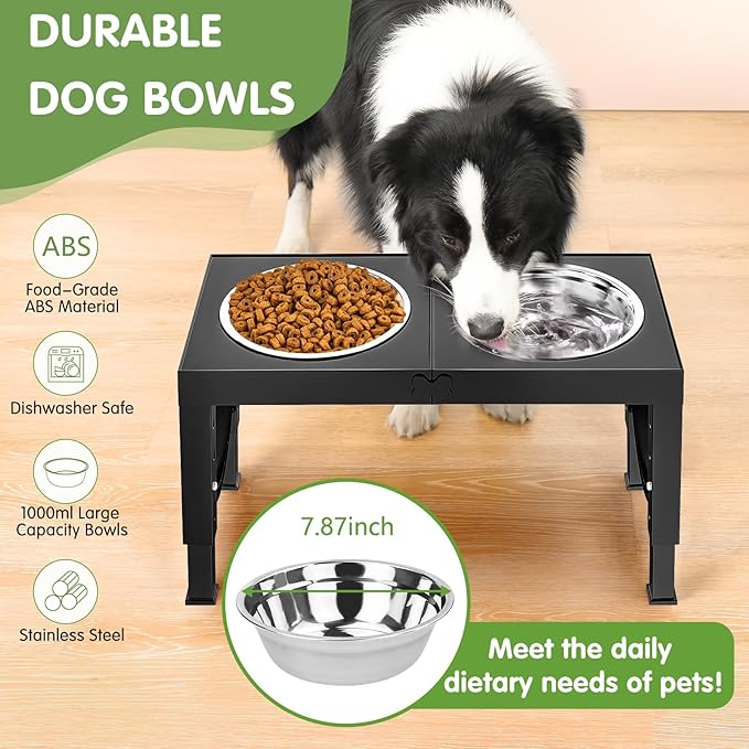 XIAZ Elevated Dog Bowls Large Breed Raised Dogs Bowl Stand Large/Medium Sized Dog Stainless Steel Food Water Bowl Stands 5 Heights Adjustable 9/11/12/14in Black Pet Feeder Dish Station