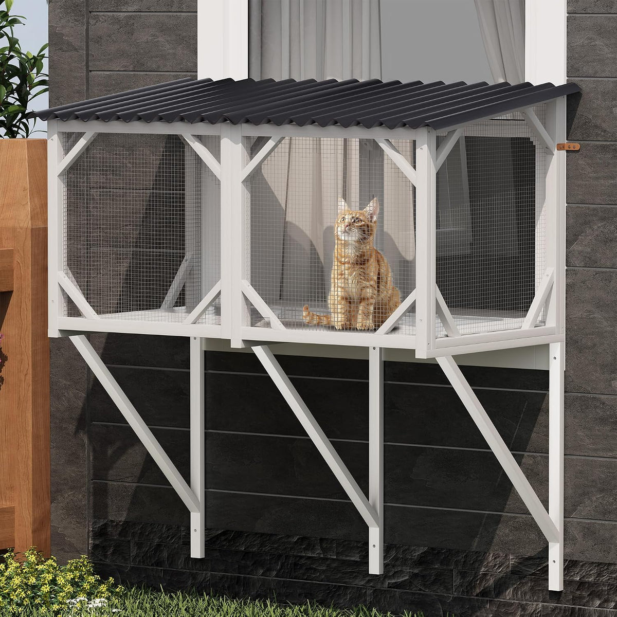Cat Window Box, 43.3" Catio o Outdoor Cat Enclosure for Sunbathing, Napping & Bird Watching, Wood Cat Window Perch with Mosquito Net Window Catio for Indoor Cats (White)