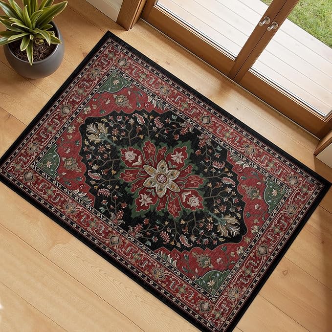 Area Rugs 2'x3' Kitchen Rugs Entry Rug Small Rugs for Entryway Kitchen Bathroom Door Mat Indoor Entrance,Washable Non Slip, Red Black