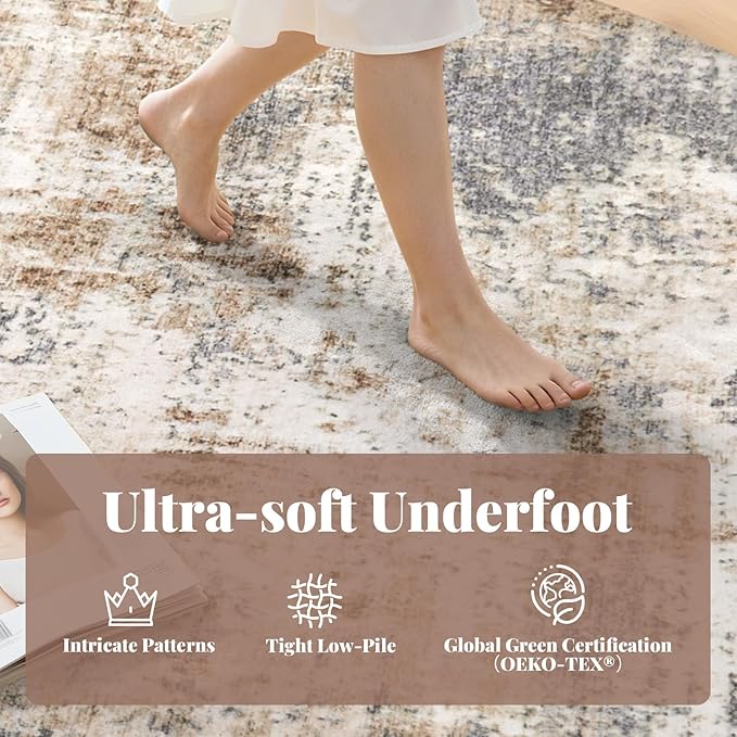 Area Rug Living Room Washable Rugs: 6x6 Modern Neutral Abstract Low Pile Non Slip Floor Carpet - Large Soft Thin Stain Resistant Rug for Bedroom Dining Indoor Office Home, Brown Grey