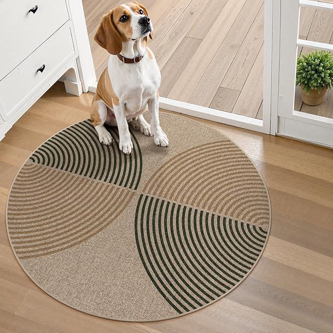 Lahome Modern Rainbow Round Rug 3ft, Circle Indoor Outdoor Rugs for Entryway Patio Washable Easy Jute Rug, Farmhouse Non Slip Small Round Rugs for Bedroom Porch Living Room Decor