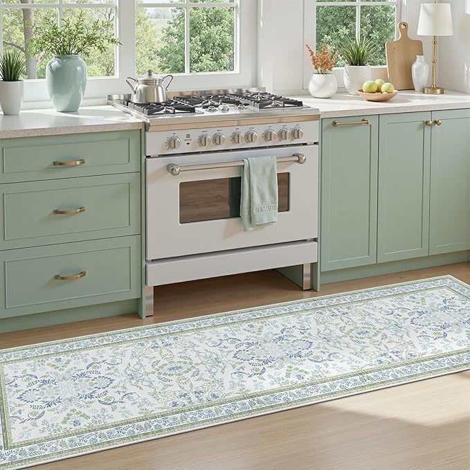DCX Green and Blue Floral 2x6 Runner Rug, Machine Washable with Flowers Non Slip Vintage Floral Backing Hallway Runner Rug Carpet for Nursery Soft Low Pile Stain Resistant, Kitchen, Bathroom