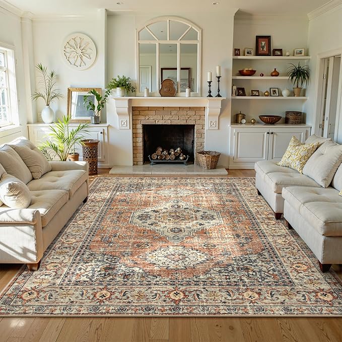 Lahome Oriental Washable Rugs 8x10, Non-Slip Soft 8x10 Rugs for Living Room Bedroom, Stain Resistant Ultra-Thin Vintage Accent Carpet for Dining Room Office, Peach/Orange