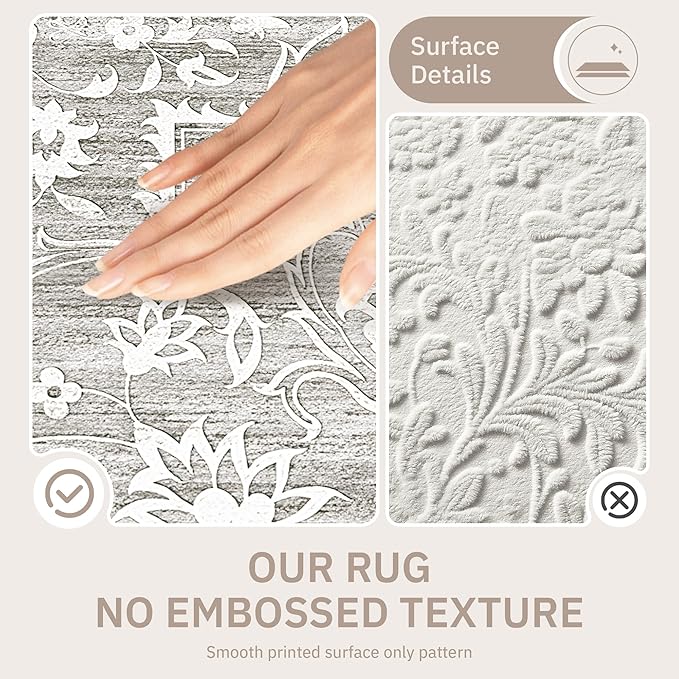 9x12 Washable Area Rugs for Living Room, Vintage Floral Stain Resistant Non-Slip Low Pile Natural Rug Soft Throw Large Carpet for Dining Room Bedroom Farmhouse Home Office (Grey, 9'x12')