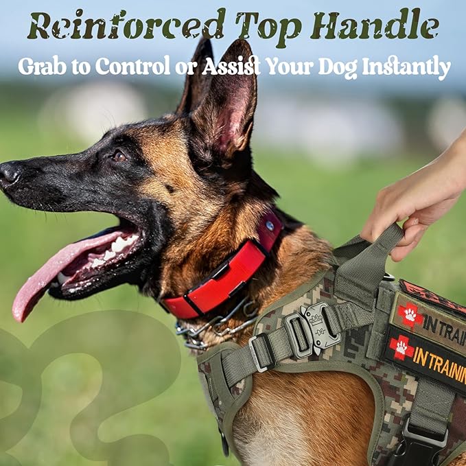 rabbitgoo Tactical Dog Harness for Large, Heavy Duty Pet Harness with Handle, No-Pull Service Vest Large Breed, Adjustable Military Dog Vest for Training Hunting Walking, Green Camo, XL