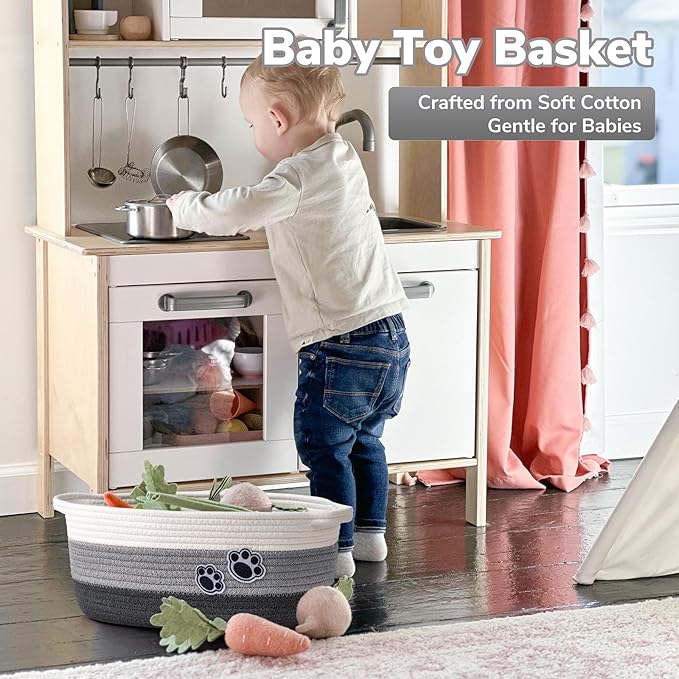 Dog Toy Basket Gift Basket Empty, Woven Storage Baskets for Towels, Cute Dog Storage Bins with Handles, Small Cotton Rope Baskets for Shelf, 13.6"x 10" x 6", Mixed-Gray