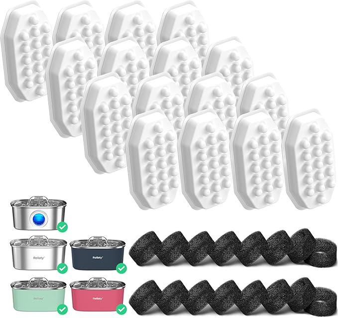 Official 32PCS Cat Water Fountain Filters Replacement & Pre-Filter Sponges for 3.2L/108oz Automatic Pet Water Fountain (16 filters +16 sponges)